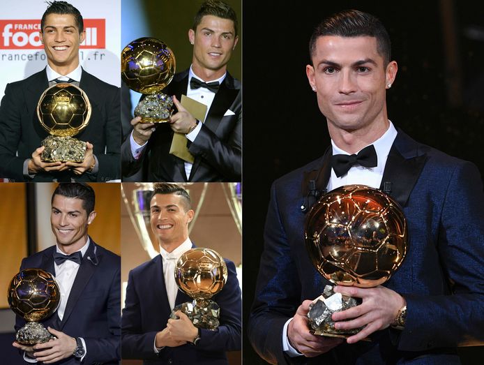 Ronaldo met zijn vijf Gouden Ballen.