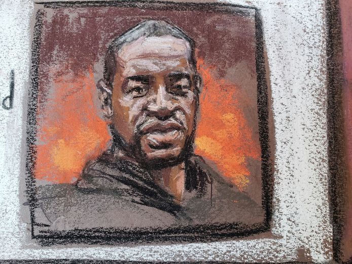 Een portret van George Floyd dat gisteren werd getoond in de rechtbank.