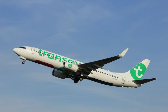 Een Boeing 737 van Transavia waarmee de Belevingsvlucht wordt uitgevoerd.
