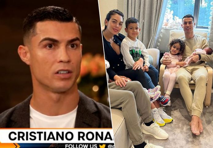 Links: Ronaldo tijdens het felbesproken interview met Piers Morgan.
Rechts: Ronaldo met zijn gezin. Dochtertje Bella houdt hij op de arm, haar tweelingbroetje Angel overleed bij de geboorte.