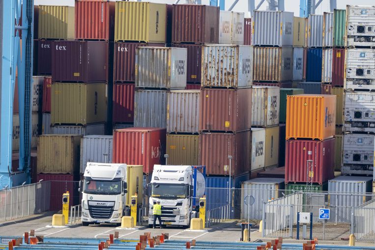 Containers in de haven van Rotterdam. Een deel van de containers met bestemming Rusland staan vast in de terminals.  Beeld ANP