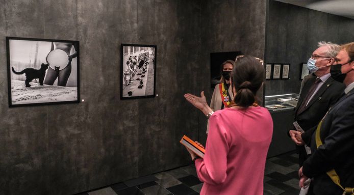 Directeur Sandrin Coorevits geeft tekst en uitleg over de tentoonstelling aan burgemeester Emmily Talpe, schepen Dimitry Soenen en Pol Van Den Driessche die in naam van Vlaams Minister-President Jan Jambon de tentoonstelling kwam openen.