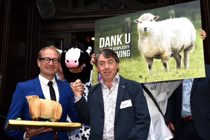 Beeld van een actie van dierenrechtenorganisatie Gaia vorig jaar naar aanleiding van de stemming van het verbod op onverdoofd slachten in het Vlaams Parlement, in aanwezigheid van onder meer Vlaams minister Ben Weyts.
