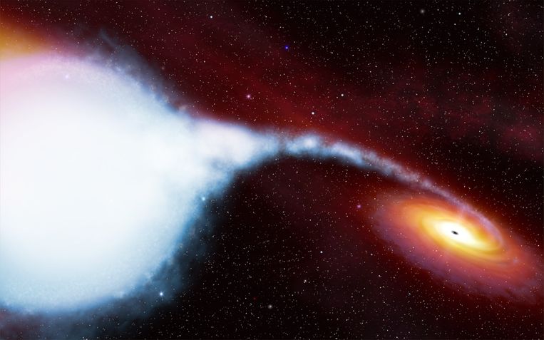 Een zwart gat (rechts) zuigt materie op van een gewone ster. Beeld ESA