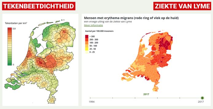In Oost-Nederland ligt vooral in Gelderland de tekenbeetdichtheid hoog. In vergelijking met de rest van Nederland komt de ziekte van Lyme relatief vaak voor in delen van Gelderland en Flevoland en een groot deel van Overijssel.