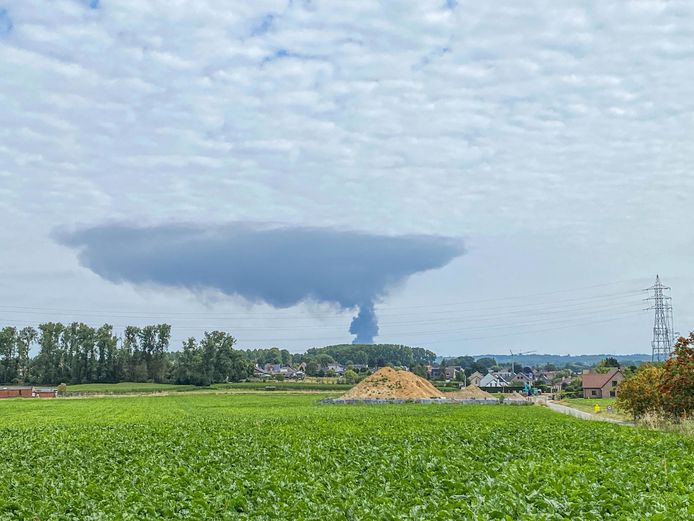 De rookwolk botste als het ware op een laag wolken. Het fenomeen was duidelijk zichtbaar vanuit Roosdaal, in vogelvlucht zo'n tien kilometer.