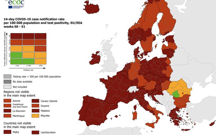 De nieuwe coronakaart van het ECDC.