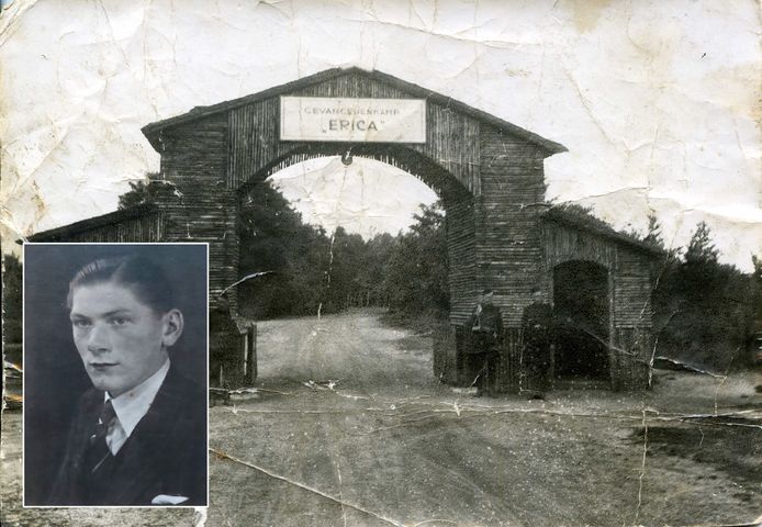 De toegang van kamp Erika, dat na de Tweede Wereldoorlog werd geschreven met een 'c'. Hier zat Frans van Thoor (foto: inzet) korte tijd gevangen voordat hij werd overgeplaatst naar Duitsland.