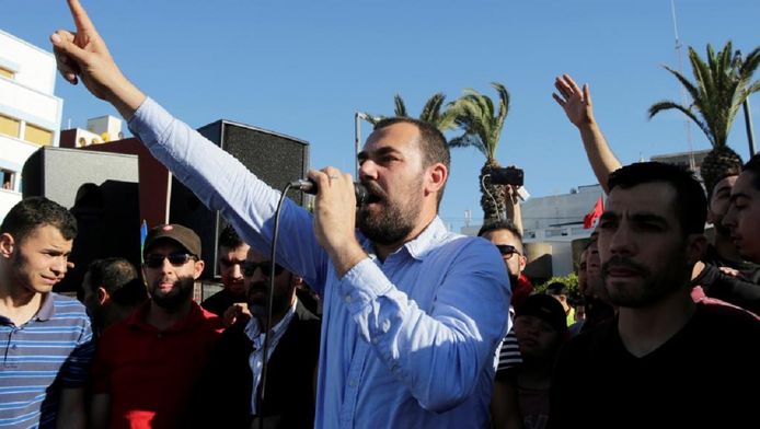Leider van de protestbeweging Nasser Zefzafi vorige week tijdens een manifestatie in Al Hoceima, zeven maanden na de dood van visverkoper Mouhcine Fikri.