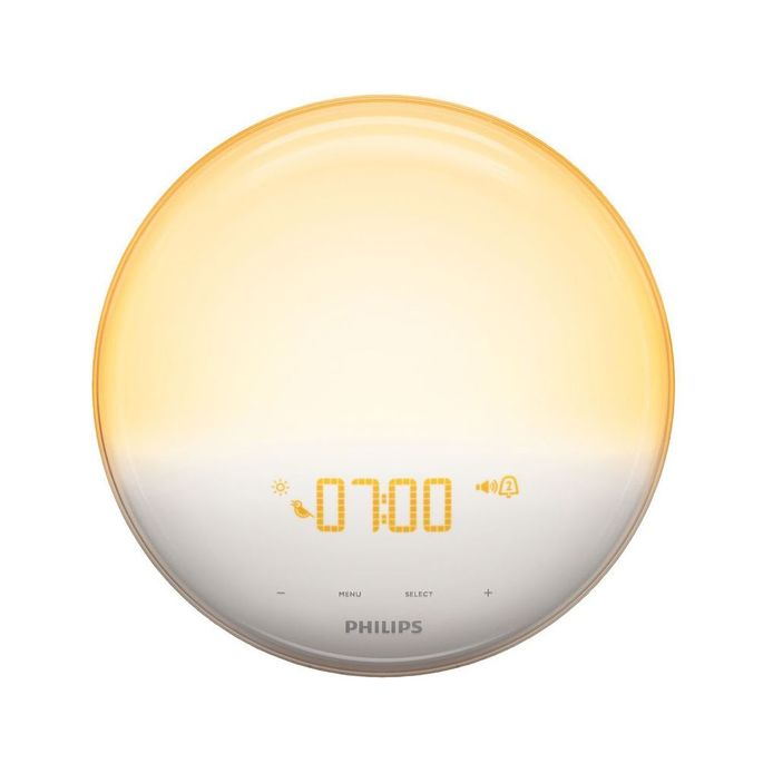 Deze Wake-Up-Light, eveneens van Philips, maakt je zachtjes wakker.