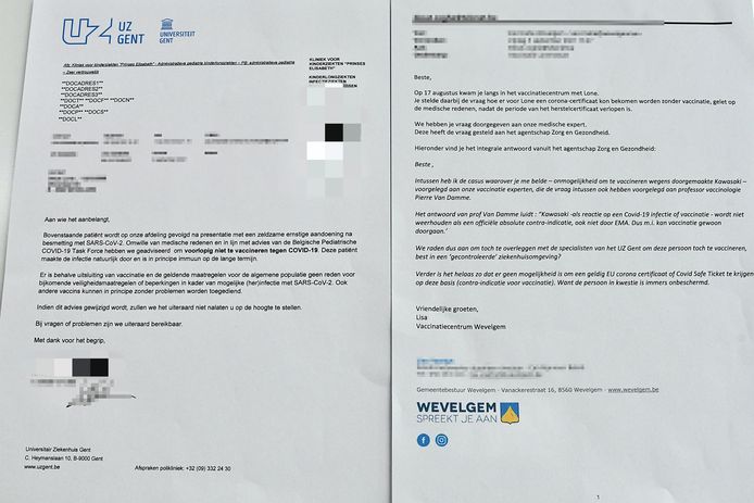 Lone Decat (12) uit Moorsele mag geen vaccin krijgen en wordt zo ongewild uitgesloten voor activiteiten waar een Covid Safe Ticket voor vereist is. Links de brief van de dokters van het UZ Gent en rechts de brief van de gemeente Wevelgem. Beide brieven spreken mekaar helemaal tegen.