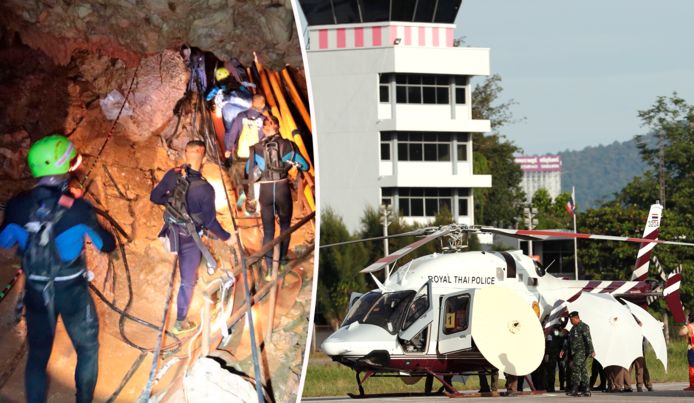 Een helikopter bracht de geredde kinderen naar het ziekenhuis.