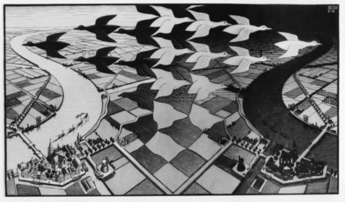 De rivier in deze tekening van Escher verwijst naar de Eem bij Baarn.