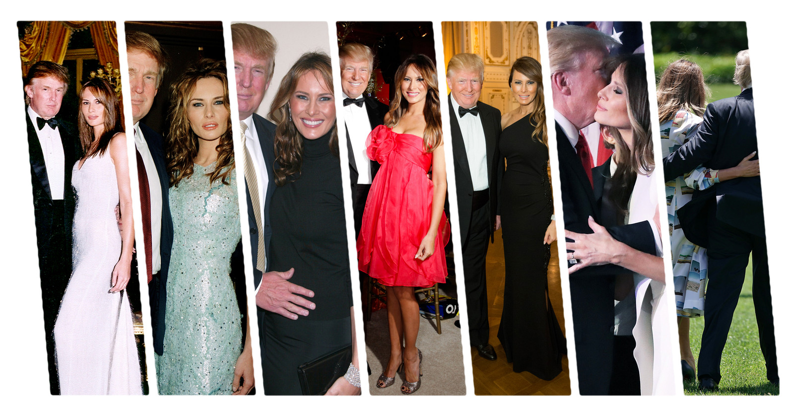 Melania en Donald Trump door de jaren heen. Van links naar rechts: Florida, 1999; Nieuwjaarsdag 2000; Zwanger van Barron, 2005; Palm Beach, 2011; Palm Beach, 2015; winnaar verkiezingen 2016; Witte Huis, 2019. Beeld FimMagic, Getty