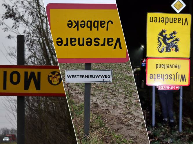 Vlaanderen staat plots op zijn kop: boeren hangen plaatsnaamborden ondersteboven uit protest tegen stikstofakkoord