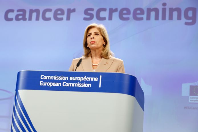Stella Kyriakides, Europees commissaris voor Volksgezondheid, tijdens een persconferentie in Brussel.