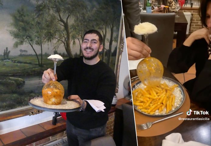 Alexendre Nejma met zijn pasta in een wijnglas. Foto rechts: het moment uit het filmpje waarop Alexendre de pasta op het bord 'draait'.