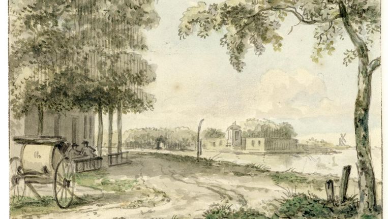 De Amsterdamse tekenaar Jurriaan Andriessen maakte in 1790 deze schets bij 'de herberg aan de Gaasp', die hier is afgebeeld met enkele gasten buiten. Beeld Het Utrechts Archief