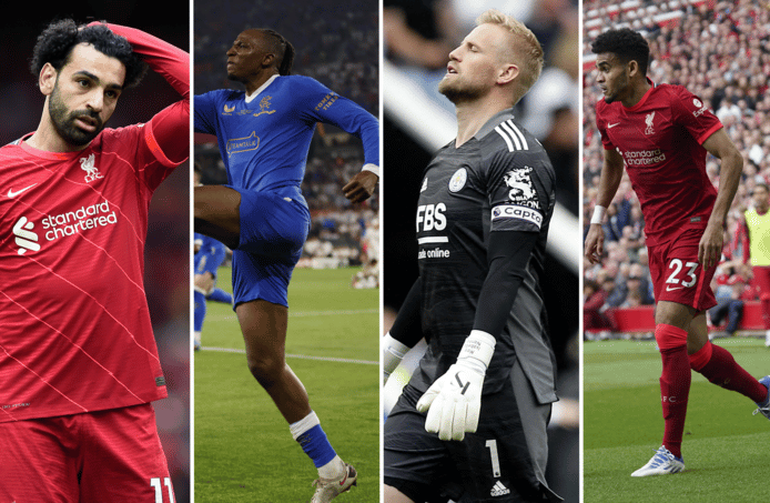 Mohamed Salah (links), Joe Aribo, Kasper Schmeichel en Luis Díaz (rechts).