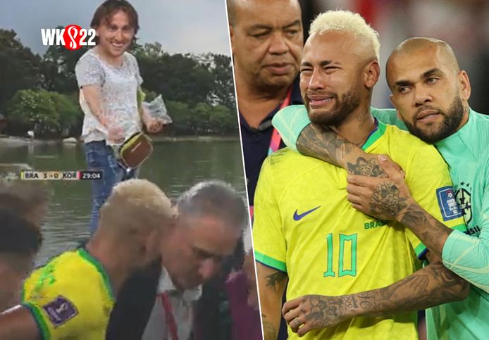 Links: Modric die de Braziliaanse duiven voedert.
Rechts: Neymar in tranen na de uitschakeling.