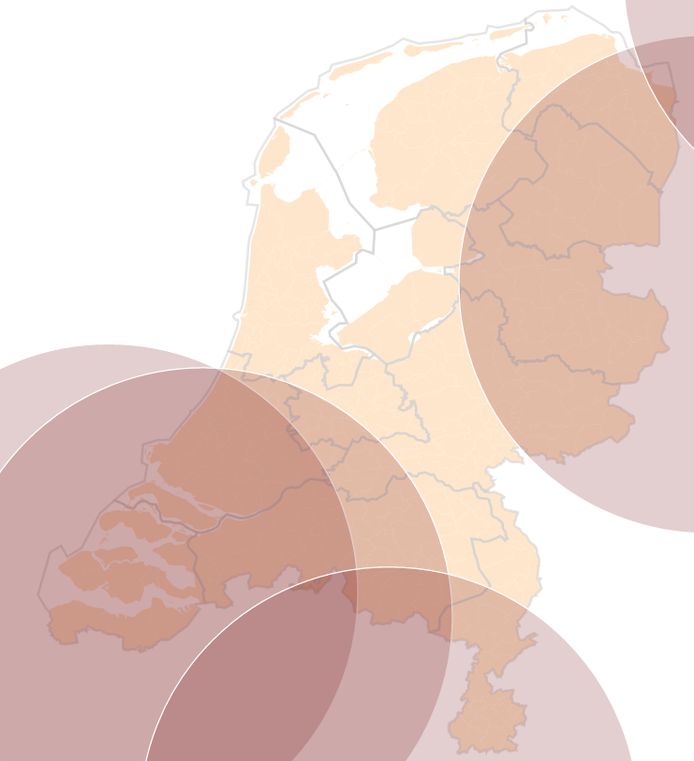 Gebieden binnen de cirkels vallen binnen 100 km van een kerncentrale.