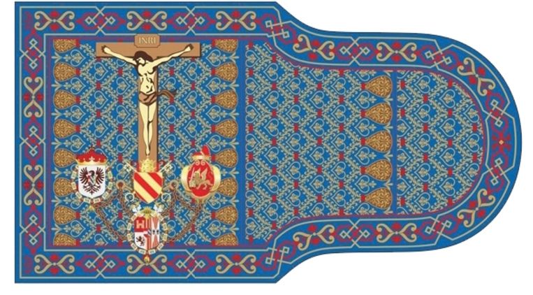 ‘Om de Ordo te promoten, verkopen we de vlag van Lepanto, een herinnering aan de zeeslag van 1571 die de christelijke Heilige Liga glansrijk won van het islamitische Ottomaanse Rijk.’ Beeld 