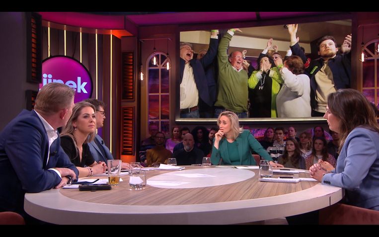 Femke Wiersma van de BBB (tweede van links) aan tafel bij 'Jinek'. Beeld 