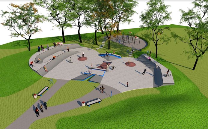 Het ontwerp van de nieuwe skatebaan in Putten, bovenin is het bestaande calisthenics-park te zien.