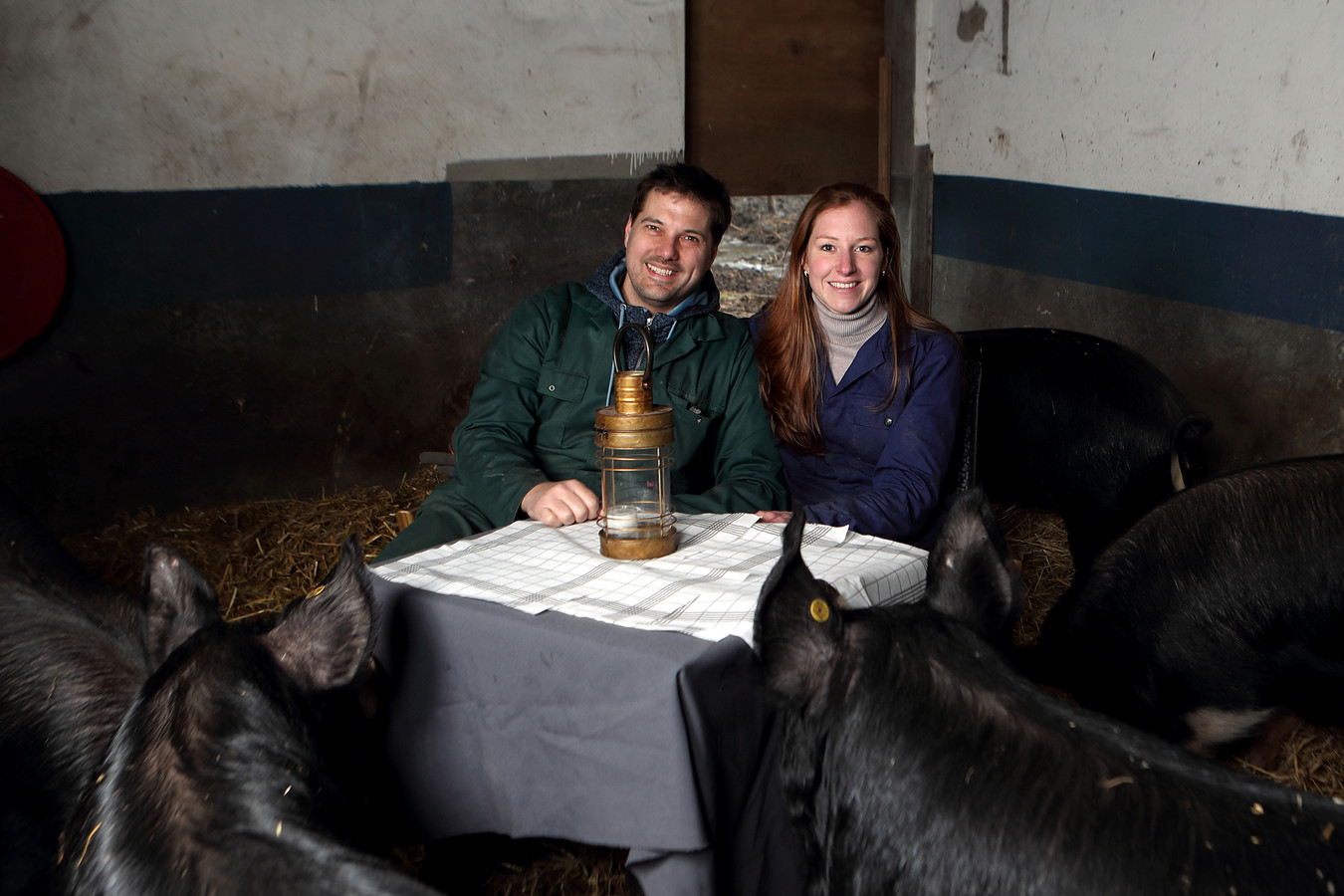 Maarten en Josephine Hamel in de Steenbergse varkensstal die zij hebben overgenomen om het vlees van deze dieren te promoten in hun restaurant 't Geheim van Bergen.