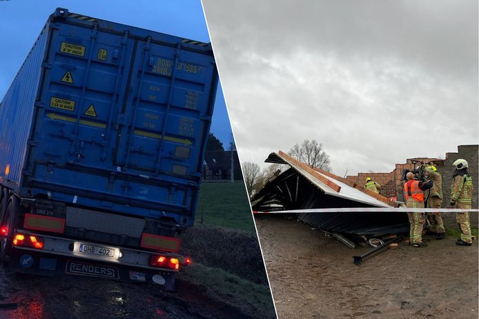 In Damme belandde een vrachtwagen in de berm langs de A12 en in Wanzele (Lede) werd het volledige dak van een achttal garageboxen losgerukt door de wind.