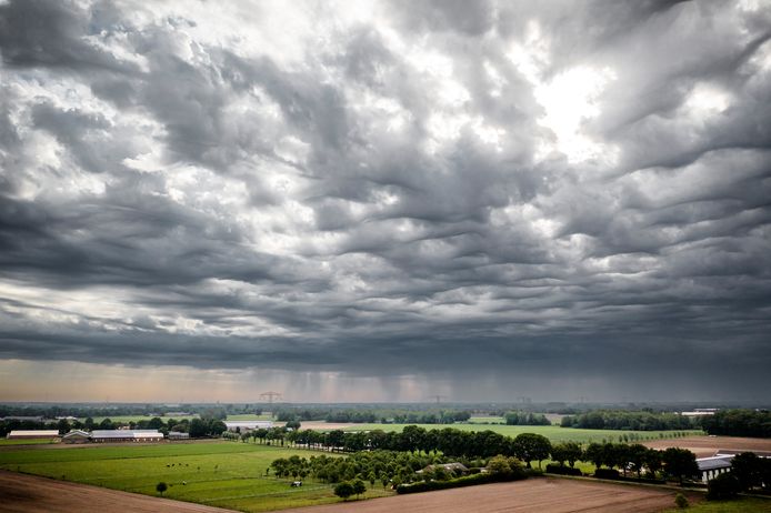 Dronefoto ter illustratie van verdroogde weilanden in Brabant in mei.