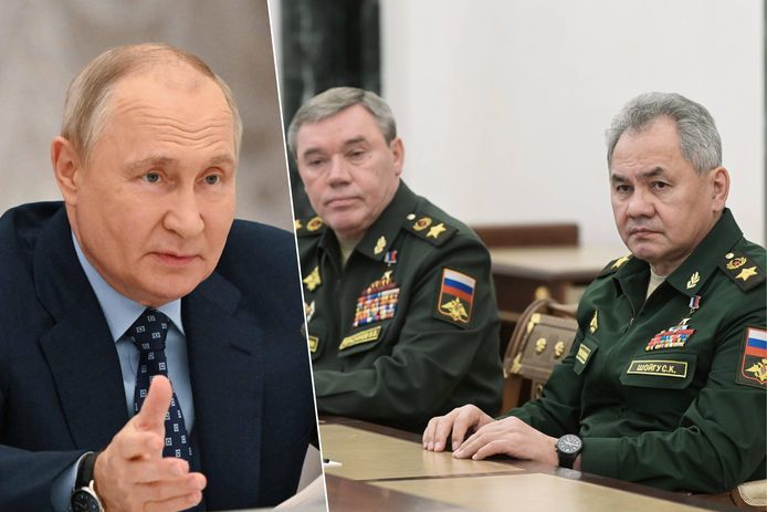 Vladimir Poetin, stafchef Valeri Gerasimov en minister van Defensie Sjojgoe