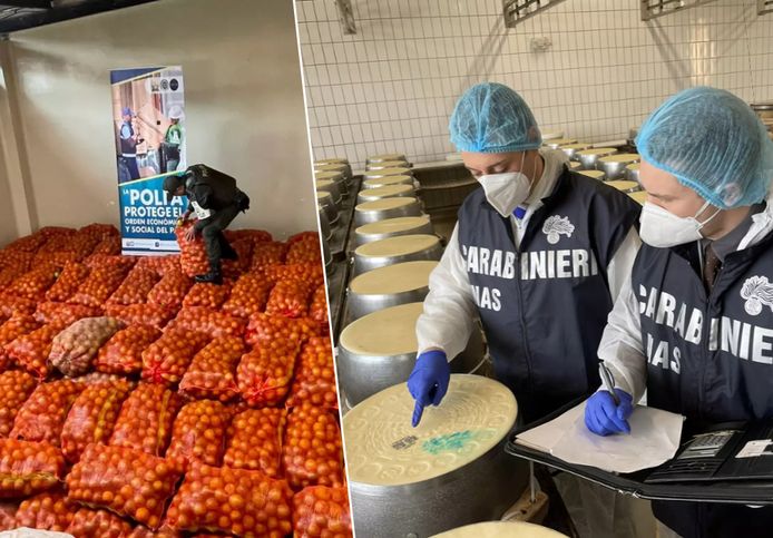 Inspecteurs onderzoeken voedsel in het kader van een internationale operatie tegen fraude.