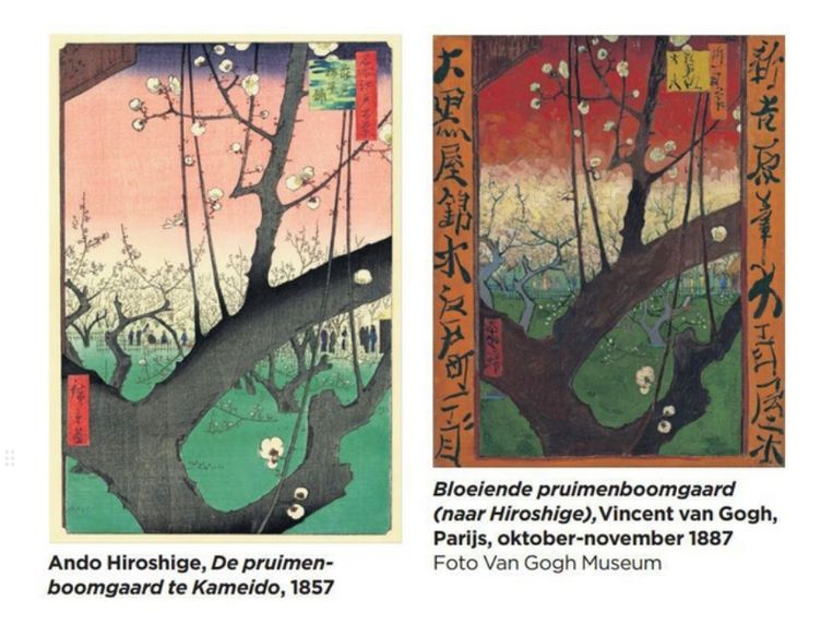 Van Gogh & Japan: Van Gogh begon met het naschilderen van bekende prenten,maar gaf daar direct een eigen toets aan. Op een neemt hij zelfs onwetend een advertentie voor een Japans bordeel over. Beeld rv