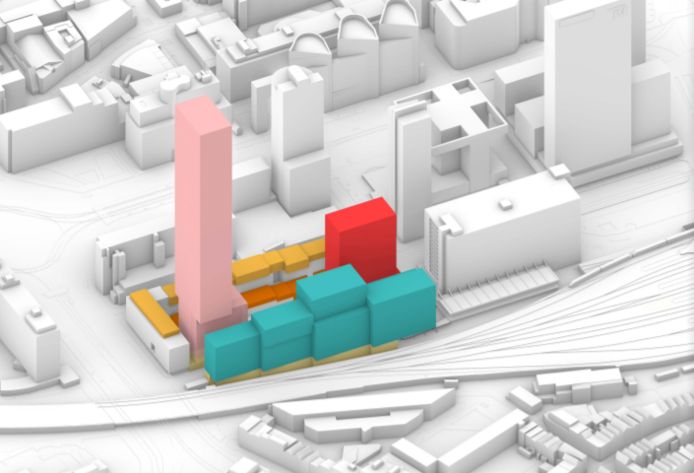 Een afbeelding uit het nieuwste stedenbouwkundig plan voor het Schiekadeblok. Zo is de hoge toren verplaatst achter het Schieblock