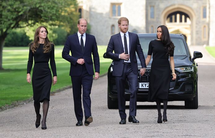 Prins William en zijn vrouw Kate. Prins Harry en zijn vrouw Meghan Markle.