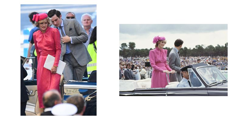Links: still uit de serie. Rechts: Prins Charles en Diana bij het Perth Hockey Stadion in Perth, op 7 april 1983. Diana draagt een roze pakje van Donald Campbell. Beeld Getty/Gtres