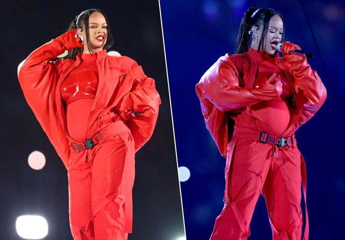 Rihanna tijdens haar optreden op de Super Bowl