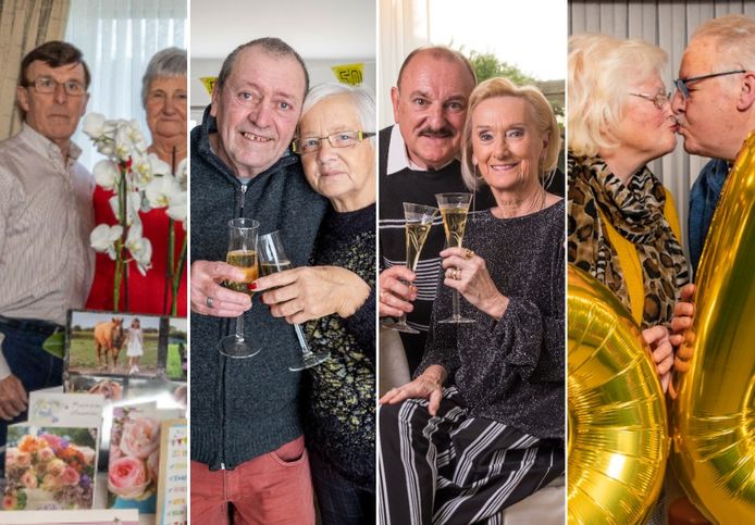 Nicole en Hugo (derde foto van links) zijn een halve eeuw getrouwd. 50 jaar geluk, vaak door weer en wind. Drie gouden
koppels delen hun recept voor die glansprestatie.