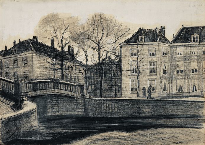 Een brug op de hoek van de Herengracht en Prinsessegracht getekend door Vincent van Gogh.