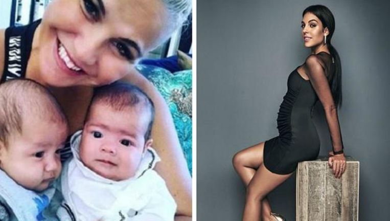 Links: tante Katia met de tweeling Mateo en Eva. Rechts: een zwangere Georgina Rodriguez voor een Hola!-fotoshoot. Beeld instagram