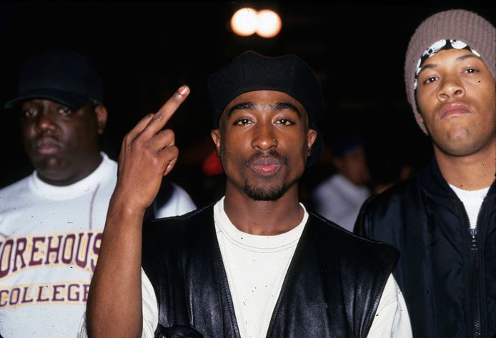 De rappers Notorious B.I.G., Tupac Shakur en Redman in juli 1993.