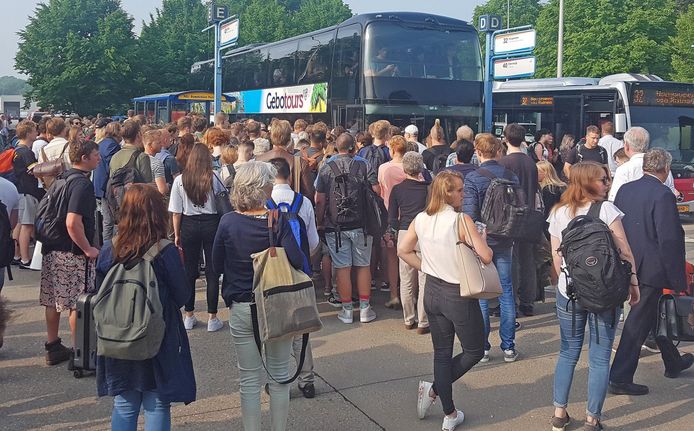 Drukte op het station in Meppel waar gestrande passagiers met bussen hun reis proberen te vervolgen.