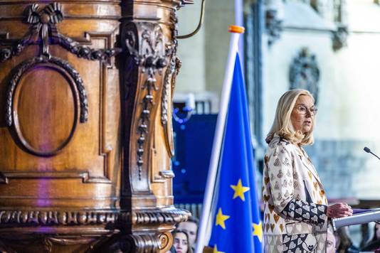 Sigrid Kaag during her speech in the Sint Janskerk about the Europe course of the Rutte IV cabinet.