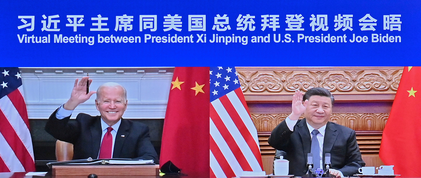 De Chinese President Xi Jinping en de Amerikaanse president Joe Biden tijdens de virtuele top.