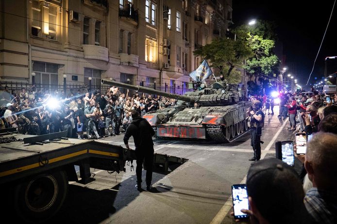 Wagnerstrijders afgelopen weekend met tanks in de Russische stad Rostov aan de Don.