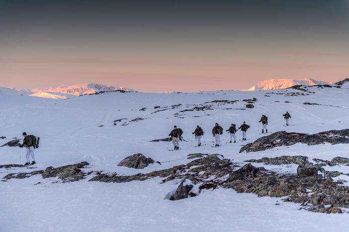 Een groep mariniers heeft in alle vroegte de spullen ingepakt en is op ski's op patrouille.
FOTO: Ministerie van Defensie