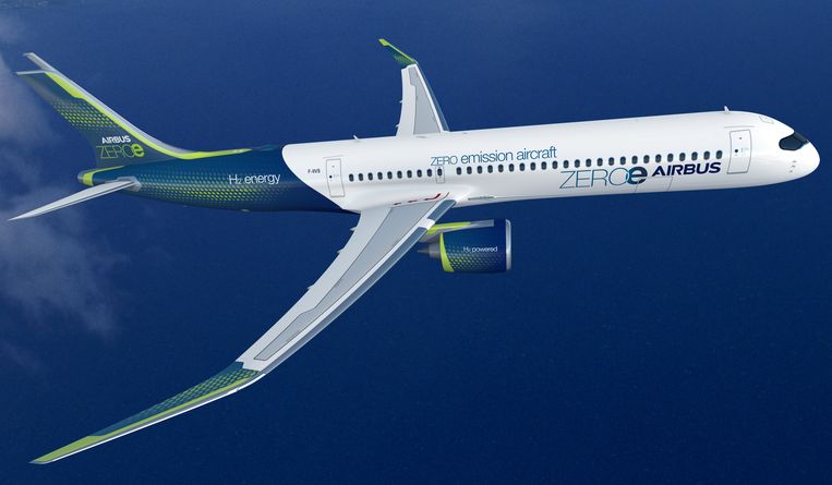 Impressie van een vliegtuig dat Airbus in 2035 op waterstof wil laten vliegen. Beeld Airbus