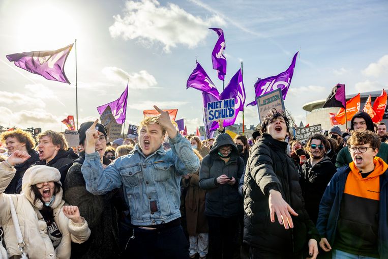 Compensatieprotest in Amsterdam van de Landelijke Studentenvakbond (LSVb) en FNV Young & United in februari Beeld Jean-Pierre Jans