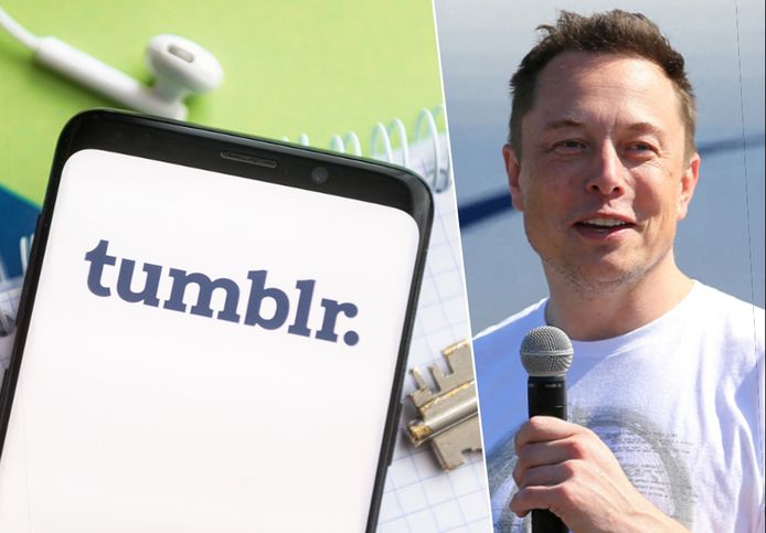 Fotomontage. Links: het logo van Tumblr. Rechts: de nieuwe eigenaar van Twitter, Elon Musk.